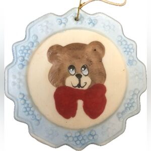 Soft Sentiments Hand Painted Bear Bisque Porcelain Ornament Flocked Velvet Bow